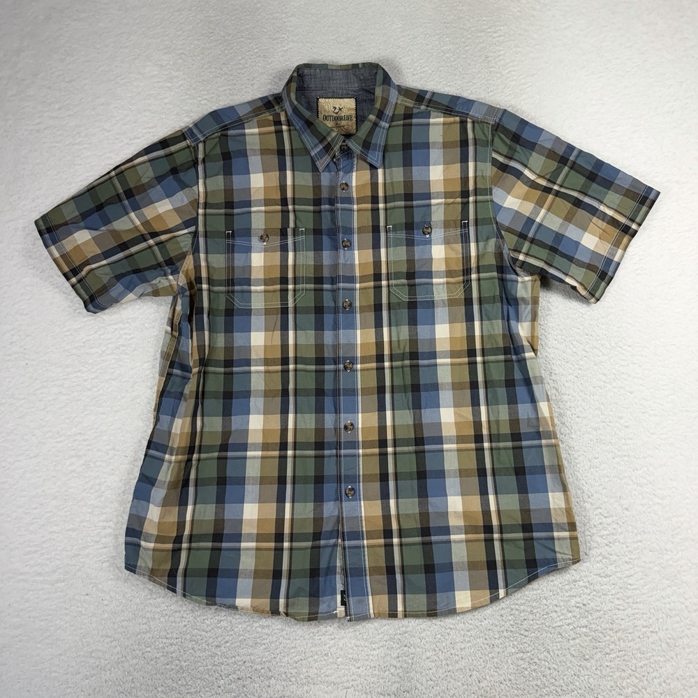 Outdoor Life Shirt Men XL Blue Green Plaid Short Sleeve Button Up Cotton Hiking